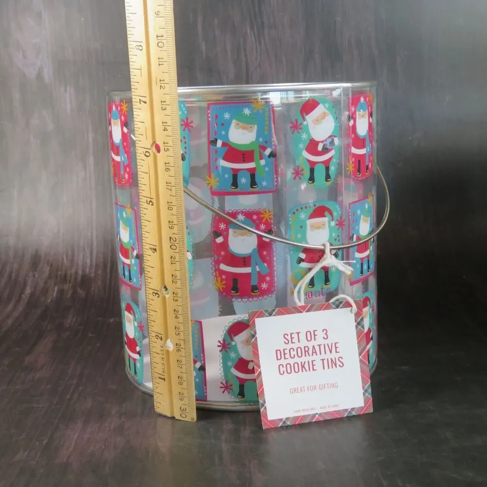 Christmas Nesting Tins Cans Set of 3 Cookies Candy Snack Santa Clear Decorative